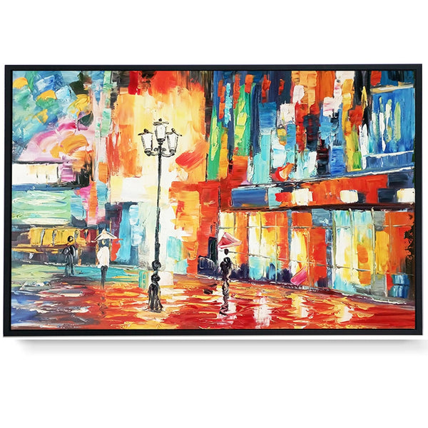 Framed Oil Painting - City Walk Street Light