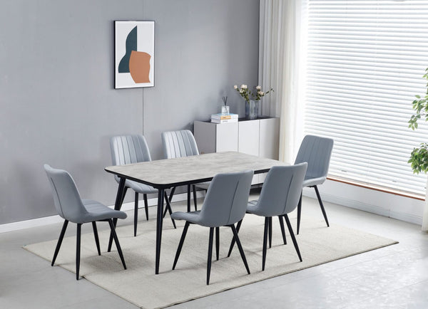 Newmark Dining Set, Melamine Table 150x 90cm with 6 Grey PU Chairs