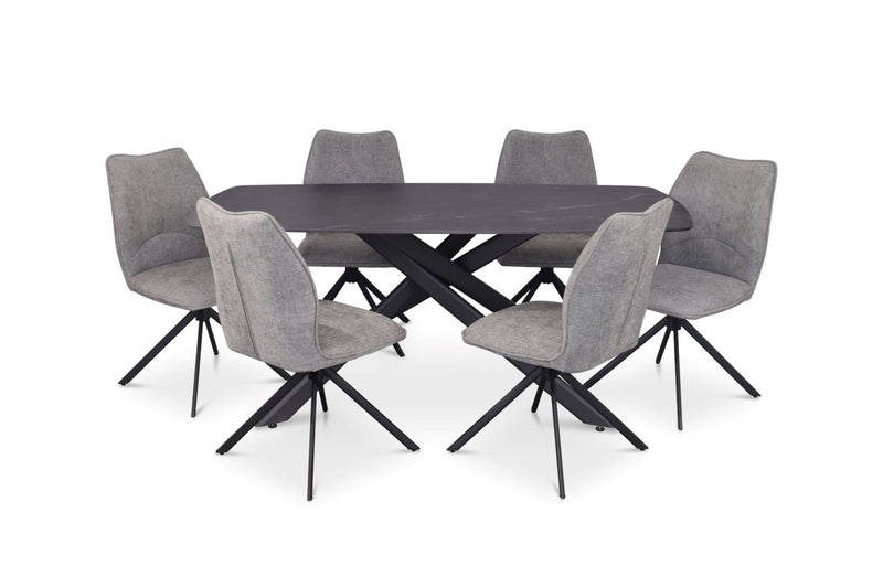 Ottis Black Sintered Stone Dining Table With 6 Dark Grey Fabric Chairs